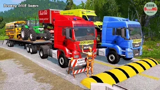 Double Flatbed Trailer Truck cars vs rails tractor vs train cars vs bollards Beamng Drive 416