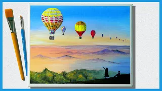 Balloons at Sunset 🎨 Acrylic Painting for Beginners / Landscape Painting Tutorial / Painting ASMR