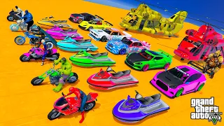 GTA V Awesome Double Mega Ramps by Sport Cars, Jet Skis & Motorcycles with Spiderman & Superherors