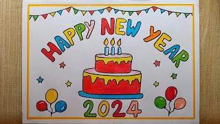 Happy New year 2024 drawing easy| Beautiful 😍 New Year Card drawing| Happy New Year Cake drawing