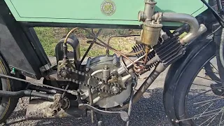 1909 Veteran P&M (Phelon & Moore) Motorcycle Running on Stand