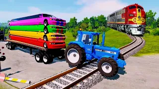 TRACTOR VS TRAIN CRASH TEST 0103 - DOUBLE FLATBED TRAILER TRUCK VS SPEEDBUMPS TRANSPORTING CAR:CHOTU