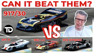 Can It Beat Them? Porsche 917/30 Spyder vs Porsche Le Mans Legends (917 K, 962 LH, 919 Hybrid)