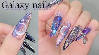 Starry sky galaxy nails🌙 nail extensions at home💅 nail art / asmr