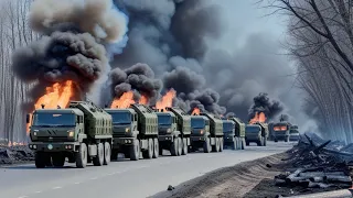 Russian monster tanks destroy a convoy of 90 US vehicles carrying cluster bomb supplies to Ukraine