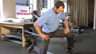 Hip Self-Mobilization w/ Superband: Kneeling Abduction with posterior glide and manual medial glide