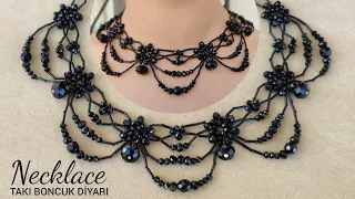 Siyah abiye kolyesi yapımı. Black stylish evening necklace. How to make beaded necklace. DIY