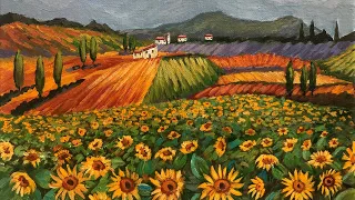 How to paint the sunflower field landscape painting. Рисуем пейзаж с подсолнухами.