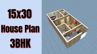 15x30 Home Design 3BHK || 50 Gaj Makan Ka Naksha || 3BHK House Design || Small House 3D