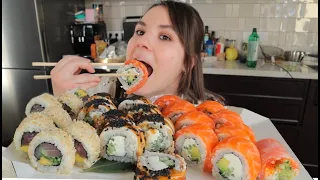 МУКБАНГ РОДЫ как это было роллы сет с лососем mukbang sushi