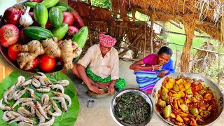 parwal ki sobji with prawn and lal shak vaji cooking&eating by our santali grandma||rural village