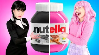 PINK VS BLACK Food Challenge - Wednesday VS Enid Eating Only 1 Color Snacks Challenge by Gotcha!