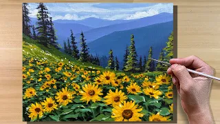 Acrylic Painting Sunflower Meadow Landscape / Time-lapse