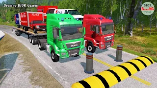Double Flatbed Trailer Truck vs speed bumps|Busses vs speed bumps|Beamng Drive|201