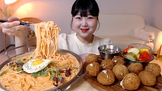 꾸덕한 소스 가득 명란로제파스타 돈까스 치즈볼 직접만든 피클 Rosé cream pasta Pork cutlet cheese balls Mukbang Eatingsound