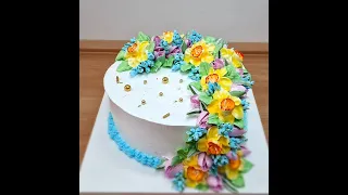 Красивый торт. Цветы Тюльпаны и Нарциссы из БЗК. Cake decorating.