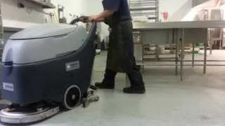 Nilfisk SC450 Battery operated scrubber dryer cleaning a Bakery www.cleaningmachines.ie