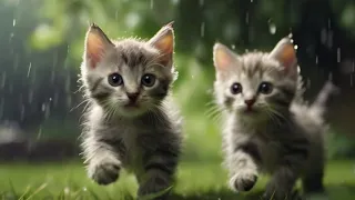 😺 Cute kittens run in the rain on the grass field - 💦 Relaxing kitten's 😺