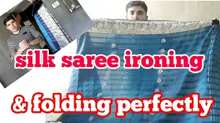 how to shrink silk saree iron & fold perfectly. (hindi)
