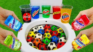 Colorful Mentos vs Football, Cola Zero, Fanta, Mtn Dew, Schweppes, Fruko and Mentos in the Toilet