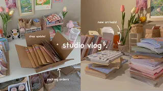 studio vlog // unboxing new stickers & preparing for shop update + packing orders 🌸