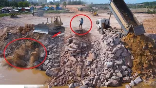 Amazing  Power Mighty Machines Bulldozer move Big Stone In To Water ,Heavy Dump Truck Nice Action