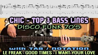 Chic BASS TAB - Le Freak / Good Times / I Want Your Love COVER LESSON - DISCO FUNK 70s BASS LINES