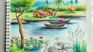 How to draw landscape drawing with oil pastel/Easy oil pastel landscape drawing tutorial