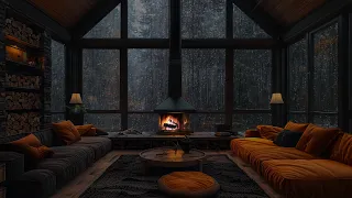 Soothing Rain and Warm Fireplace Ambiance - Green Forest Views for Insomnia Relief
