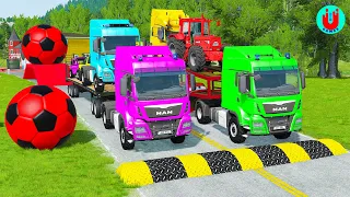 Double Flatbed Trailer Truck vs Speedbumps Train vs Cars | Tractor vs Train Beamng.Drive 052