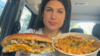 LOADED CHEESE FRIES & STEAK SUB | CAR MUKBANG | ASMR | EATING SOUNDS