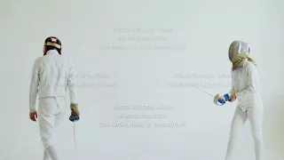 Young woman fencer having fencing training with trainer in white studio indoors