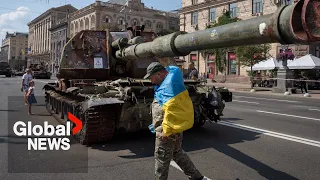 Ukraine displays destroyed Russian war trophy tanks in Kyiv