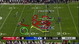 BYU football vs SUU Run play from first quarter that shows how close they are to bigger gains.