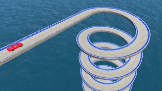 Impossible Spiral Bridge Crossing Cars Vs Cliff and Deep Water - BeamNG.Drive