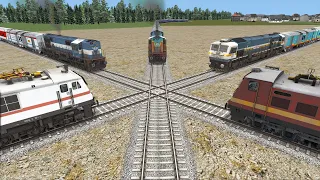 Five Trains at Forked Railroad #2 | Cross Each Other at Diamond Crossing - Train Simulator