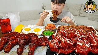 ASMR MUKBANG | Giant BBQ Chicken Drumsticks, black bean noodles, fried egg recipe ! eating