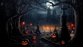Haunted Cemetery Halloween Ambience w/ Relaxing Heavy Rain & Thunderstorm Sound, Night Spooky Sound