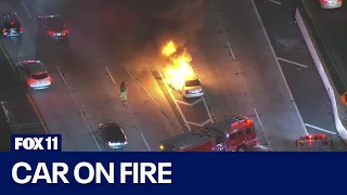 Car explodes on 10 Freeway near downtown LA