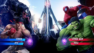 Venom & Ryu vs Spiderman & Green Hulk (Very Hard) - Marvel vs Capcom | 4K UHD Gameplay