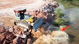 The Best Operator Bulldozer Pushing Rock Stone Drop Into Water, Massive Land Reclamation Processing