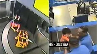 Toddler gets swept away on an airport luggage conveyor belt