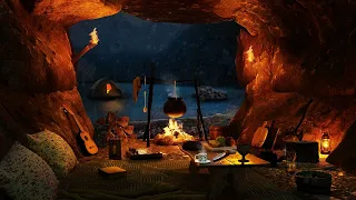 Snowy wilderness cave with campfire | sounds of wintery snow and campfire | outdoor white noise