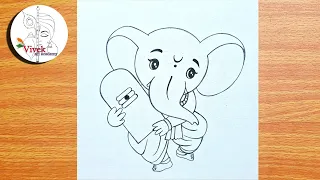 cute Ganpati Bappa easy drawing, step by step draw God Ganpati, easy drawing for beginners