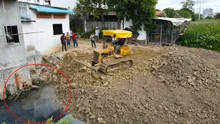 Incredible! Techiniques Operator Bulldozer Pushing Stone with Dump Truck Unloading Stone Fill water