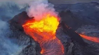 VOLCANO FLOODS VALLEY WITH RIVERS OF LAVA, AERIAL EPIC VIEW! REAL SOUND OF VOLCANO 2021