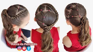 Penteado com Trança e Elásticos no Rabo de Cavalo | Ponytail Hairstyle Braid and Elastics for Girls😍