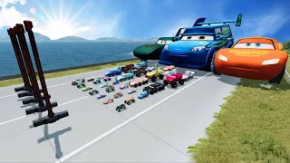 PIXAR CAR vs Big & Small LIGHTNING McQueen vs Tow Mater, King Dinoco vs GIANT HAMMER - BeamNG.Drive