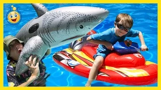 GIANT Inflatable Shark, Water Balloons & Water Toys in Family Fun Video for Kids