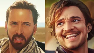 Nicolas Cage and Pedro Pascal Meme But AI Trippy Version